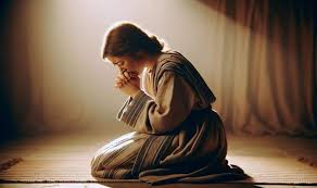 Humble woman kneeling and pleading in faith before a teacher