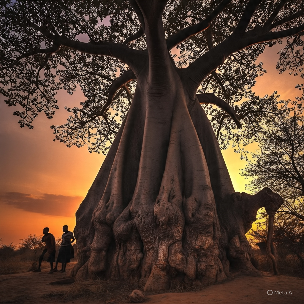 An image developed by Meta AI featuring the silhouette of a large, mature tree (an African baobab) with its roots visibly spreading and intertwining. Within the roots, subtle silhouettes of people (a multi-generational group) are integrated, suggesting their connection to the tree and each other.